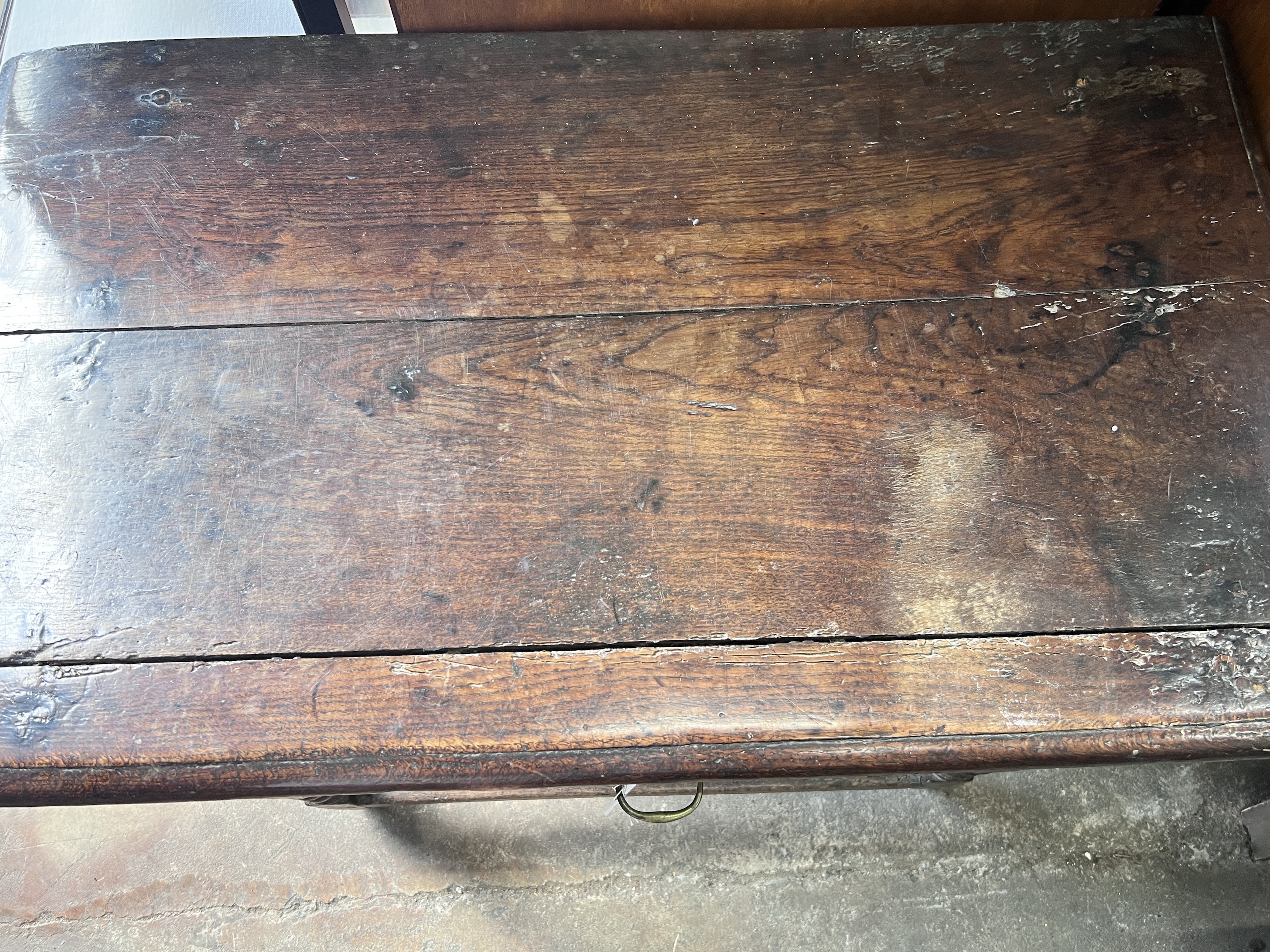 A 17th century oak side table, with bobbin turned legs, width 94cm, depth 54cm, height 69cm